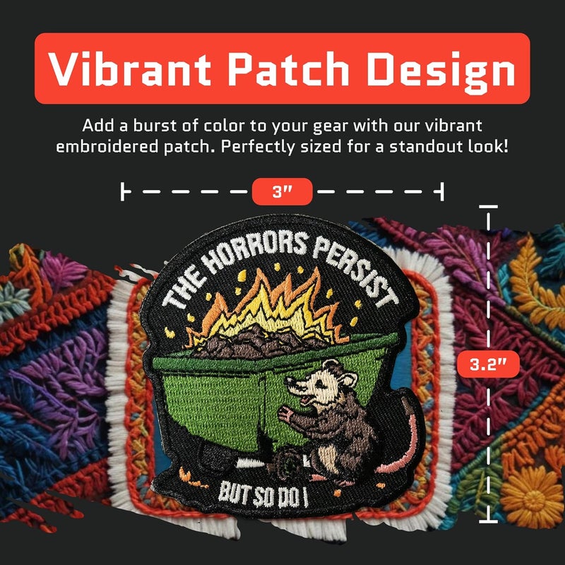 Jestik The Horrors Persist But So Do I Embroidery Patch - Funny Animals Embroidered Patches, Military Tactical Morale Patch with Hook & Loop Fastener, Cute Patches for Backpacks, Jeans, Jackets, Vests & More - Image 2